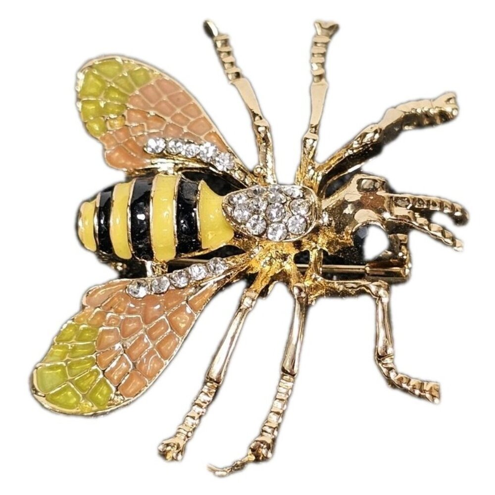 Gold Tone Bee Brooch Pin with Rhinestones & Enamel Wings Insect VTG - Picture 1 of 6